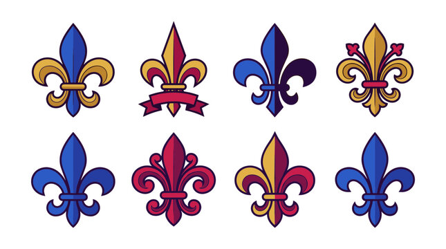 Fleur-De-Lis Set with Various Color Schemes and a Ribbon Banner. Elegant Heraldic Design Elements for Branding and Decorative Use.