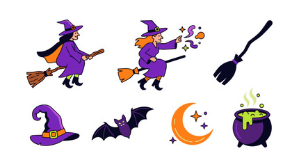 Obraz premium Witches Flying on Brooms with Magical Elements. Halloween Illustration with Bats, Crescent Moon, and Bubbling Cauldron.