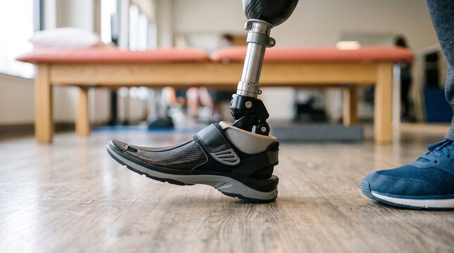 Close view of lower limb prosthesis during gait practice