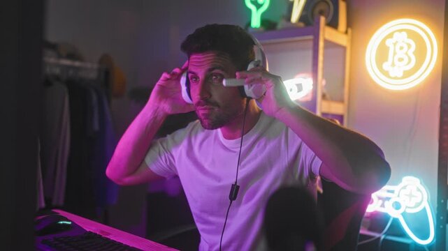 Man adjusts headset with hand at keyboard while gaming in studio with neon bitcoin sign and microphone visible; focus intensity.