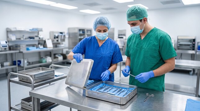 Sterile processing team prepares instrument sets in hospital department