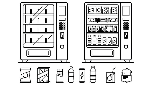 Automatic vending machines and food product icons for retail commerce set.
