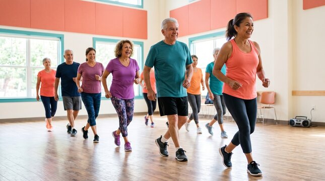 Older Mexican neighbors begin a joyful community dance wellness class
