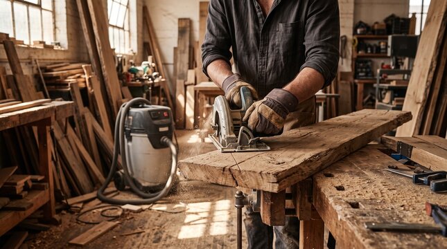 Carpenter Cutting Reclaimed Timber in Sunlit Workshop