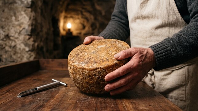 Hands inspect the rind of a mature farmhouse cheese wheel