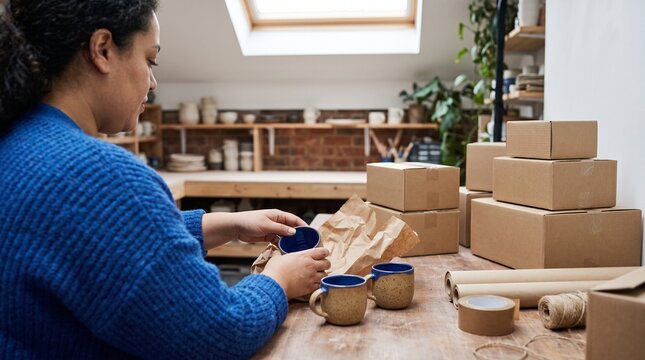 Independent potter prepares ceramic orders for retail delivery