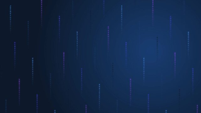 Futuristic digital rain background, glowing blue data streams falling on dark backdrop, high tech motion graphics for cyber security