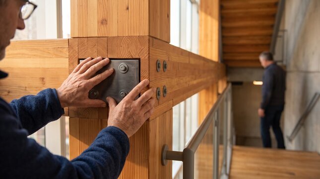 Close review of an exposed glulam column connection