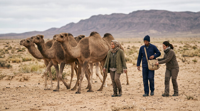 Veterinarians walk with healthy camels on a northern grazing plain