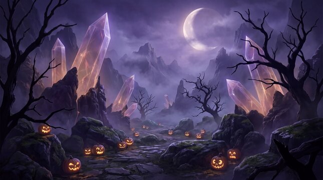 Mystical valley with giant crystals and halloween pumpkins along stone path for fantasy setting.
