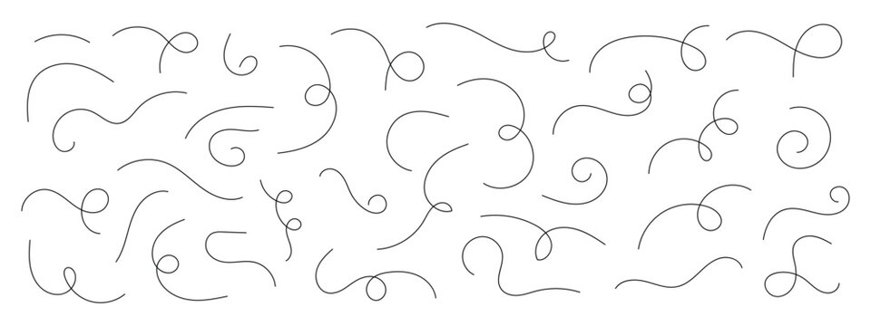 Hand drawn wavy squiggle line. Thin line squiggle wavy shapes. Decorative swirl and elegant divider. Abstract looping curved line set.