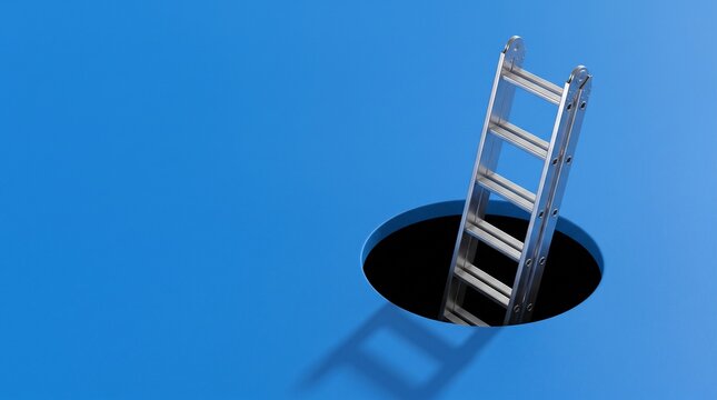 Silver ladder rising from round hole in blue surface representing way out and opportunity