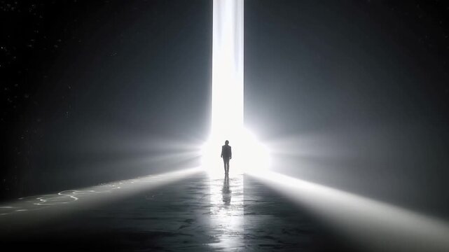 A lone silhouette stands at the threshold of a blinding light, symbolizing the unknown future, the end of a journey. ..Created with Generative AI, not depicting real subjects.