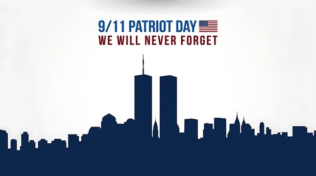 9 11 patriot day commemorates tragedy with new york city skyline silhouette and american flag saying we will never forget.