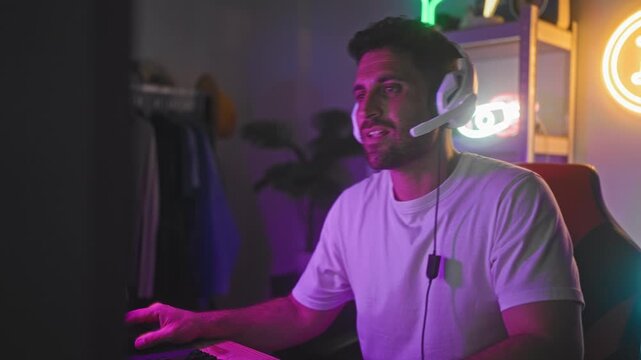 Man adjusts headset while gesturing at computer and keyboard under neon sign in studio; focus intensity engagement.