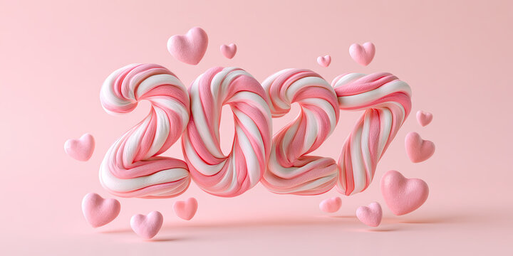 Number 2027 formed from candy material with hearts