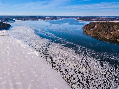 Stockholm archipelago frozen water with ice floes during winter