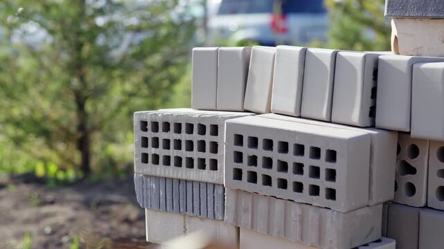 Stacked concrete masonry blocks show clean hollow core pattern. Blur frames arranged building materials on sunny outdoor development site