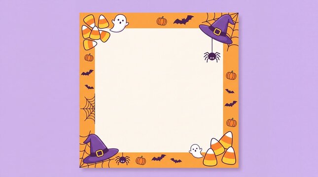 Halloween frame border with pumpkin candy corn ghost and witch hat on light background.