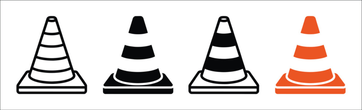 Five colorful traffic cone icons in various styles and vibrant colors, side by side on a white background, road safety symbols, vector illustration