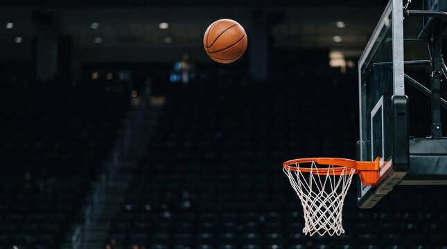 Basketball Aim: A basketball hangs in mid-air, suspended above the hoop in a dimly lit stadium, creating a moment of anticipation and skill.