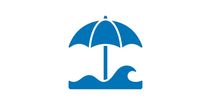 Beach umbrella over ocean waves blue icon on transparent background.
