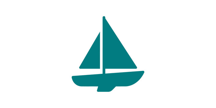 Teal sailing boat vector graphic icon isolated on checkered backdrop.