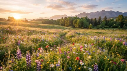 Obraz premium Blooming Wildflower Meadow with Mountain Range during Warm Summer Sunset