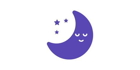 Cute crescent moon flat icon smiling with sleeping eyes and starry sky. © SAJID