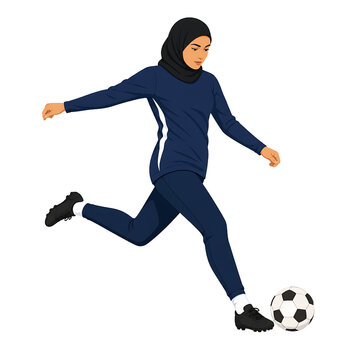 Active Muslim woman in hijab kicking soccer ball, athletic sportswear, isolated on transparent background
