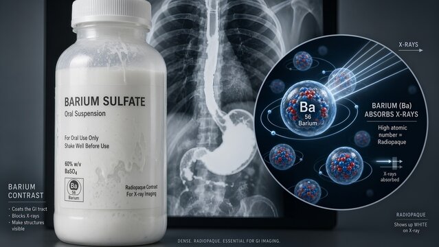 Medical barium contrast suspension bottle for gastrointestinal imaging with a zoomed scientific inset showing barium atoms absorbing high energy x-rays