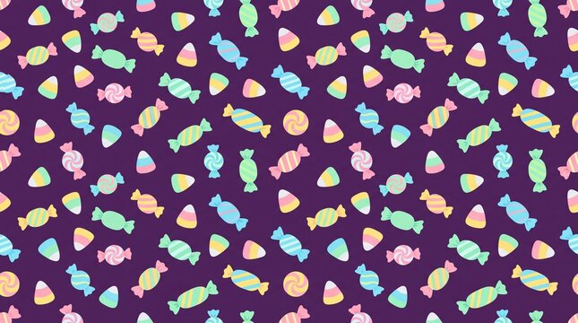 Colorful halloween candy seamless pattern on dark purple background vector illustration.