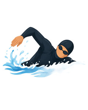 Professional swimmer in black modest swimsuit performing freestyle stroke isolated on white background