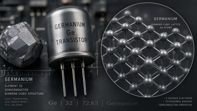 Solid germanium crystal or semiconductor transistor component with a zoomed scientific microscopic inset detailing germanium atoms arranged in a diamond cubic lattice structure
