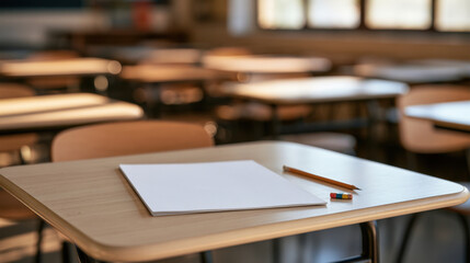 Naklejka premium Teacher welcome letter mockup with blank white paper, pencil and eraser on a wooden student desk in an empty classroom