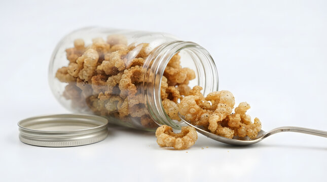 Philippine chicharon bulaklak (crispy pork fat rinds) in opened glass jar and being scooped by spoon on white background