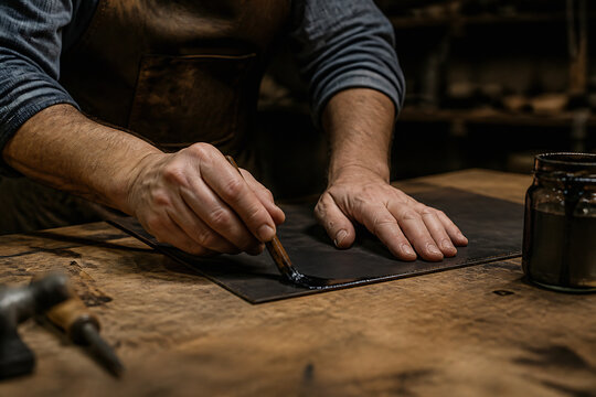 A craftsman in an apron is carefully applying a substance with a small brush onto a dark surface on a wooden workbench.