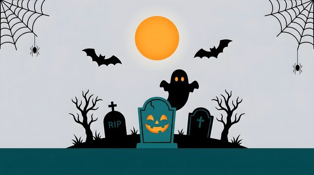 Spooky halloween scene with ghost train and cemetery silhouettes under full moon background, banner