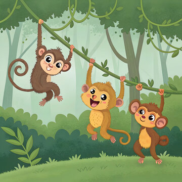 set of monkey hanging on vine