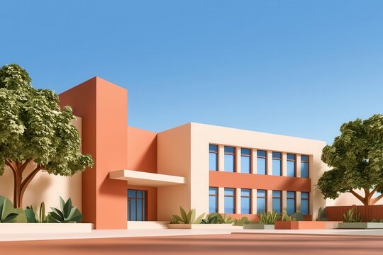 Modern school building illustration in paper cut style with trees and clear blue sky