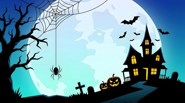 A spooky halloween background featuring a haunted house silhouette with a giant full moon bats a creepy tree and jack o lanterns for festive celebrations