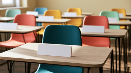 Naklejka premium Modern elementary classroom with wooden student desks, colorful chairs and blank name cards arranged for the first day of school