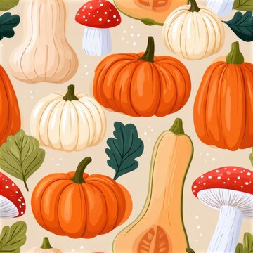 Seamless repeating pattern illustration of autumn pumpkins, gourds and mushrooms