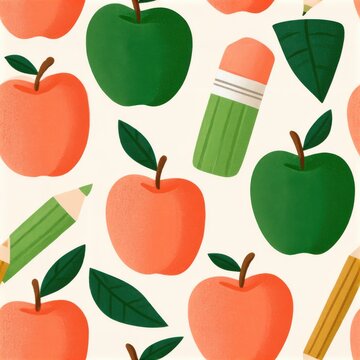Seamless vector pattern with apples and pencils. Back to school illustration with fruit and art supplies
