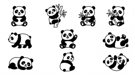 Black and white panda bear illustrations arranged in a grid pattern on a white background © Nishi Tripura