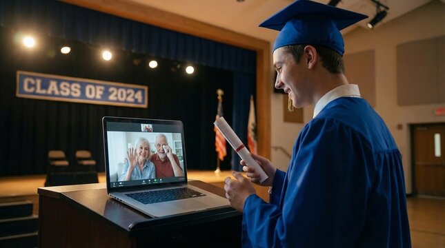 A confident young man in graduation regalia stands on a stage; he is addressing an audience with clear enthusiasm and poise; the setting suggests a formal academic ceremony