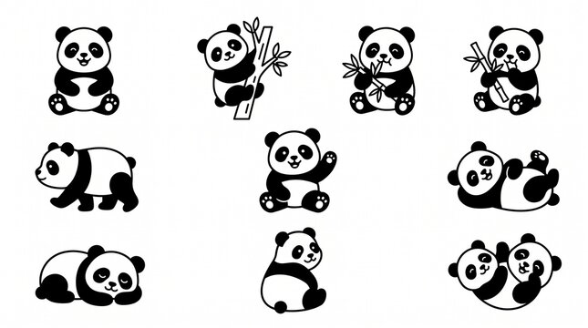 Black and white panda bear illustrations arranged in a grid pattern on a white background