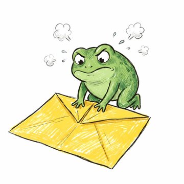 Cute green frog folding giant origami paper children book illustration crayon style isolated on white