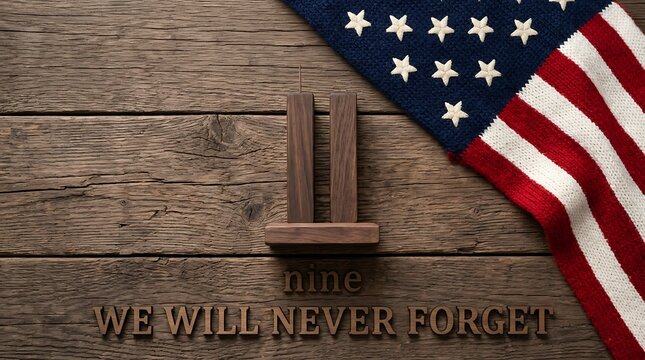 Wooden american flag texture with twin towers memorial and we will never forget text honoring 9 11.