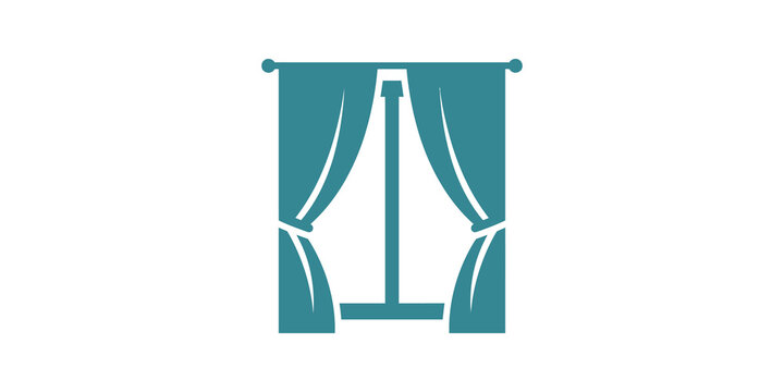 Teal curtains flat icon for interior design website decorations.